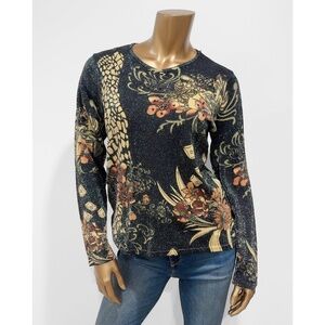 The Magic Scarf Company Women’s Black & Gold Beaded Metallic Floral Top Size S/L